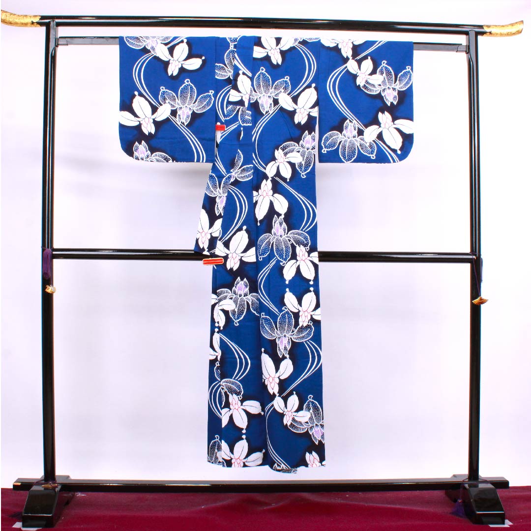 浴衣 紺桔梗色 菖蒲 木綿 Sランク 単衣 身丈147cm 裄丈64cm 青系 1118004302117