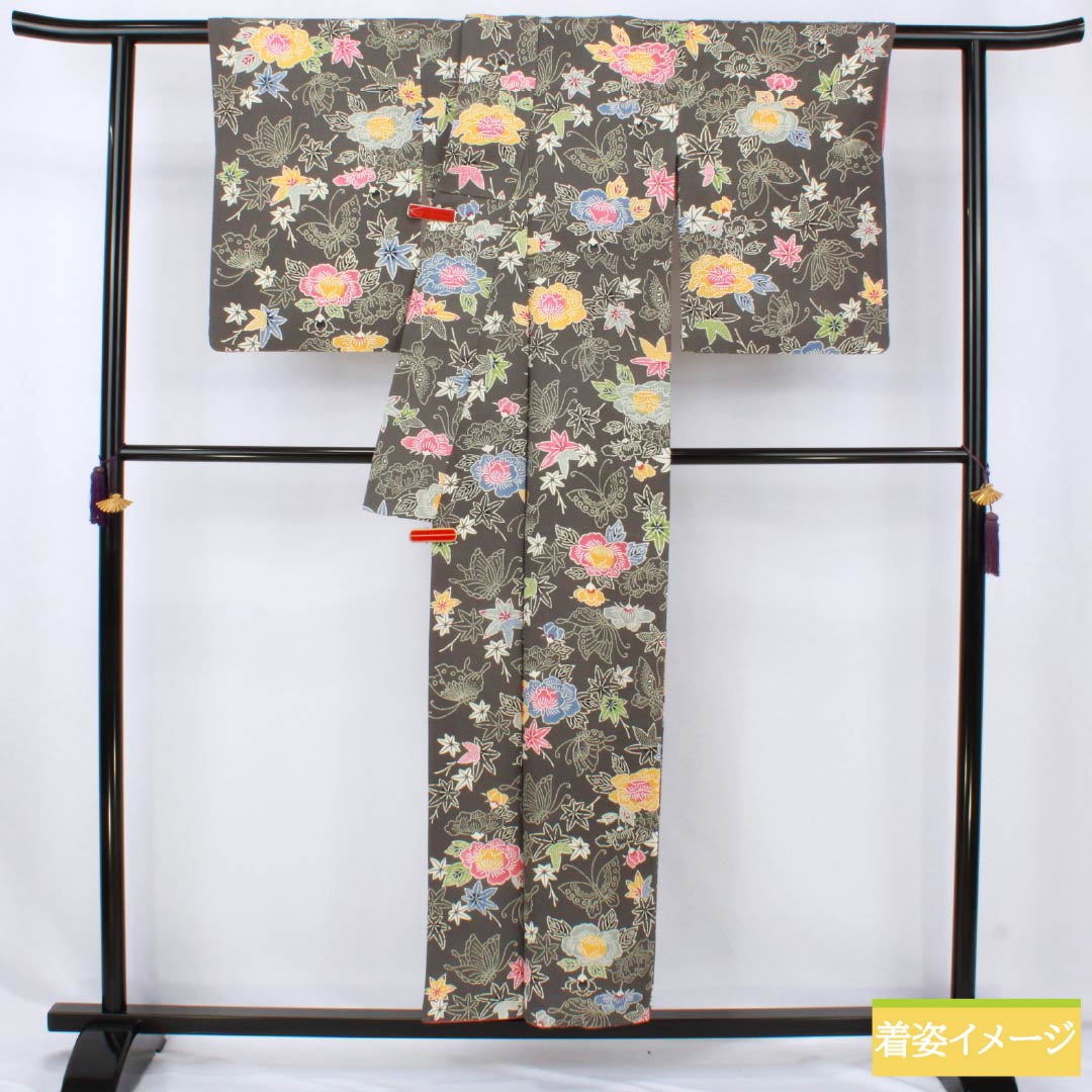 小紋 正絹 Sランク 身丈154cm 裄丈64cm 袷 薄黒色(うすぐろいろ) 京紅型 半衿付き 蝶 花 グレー系 1115007742222