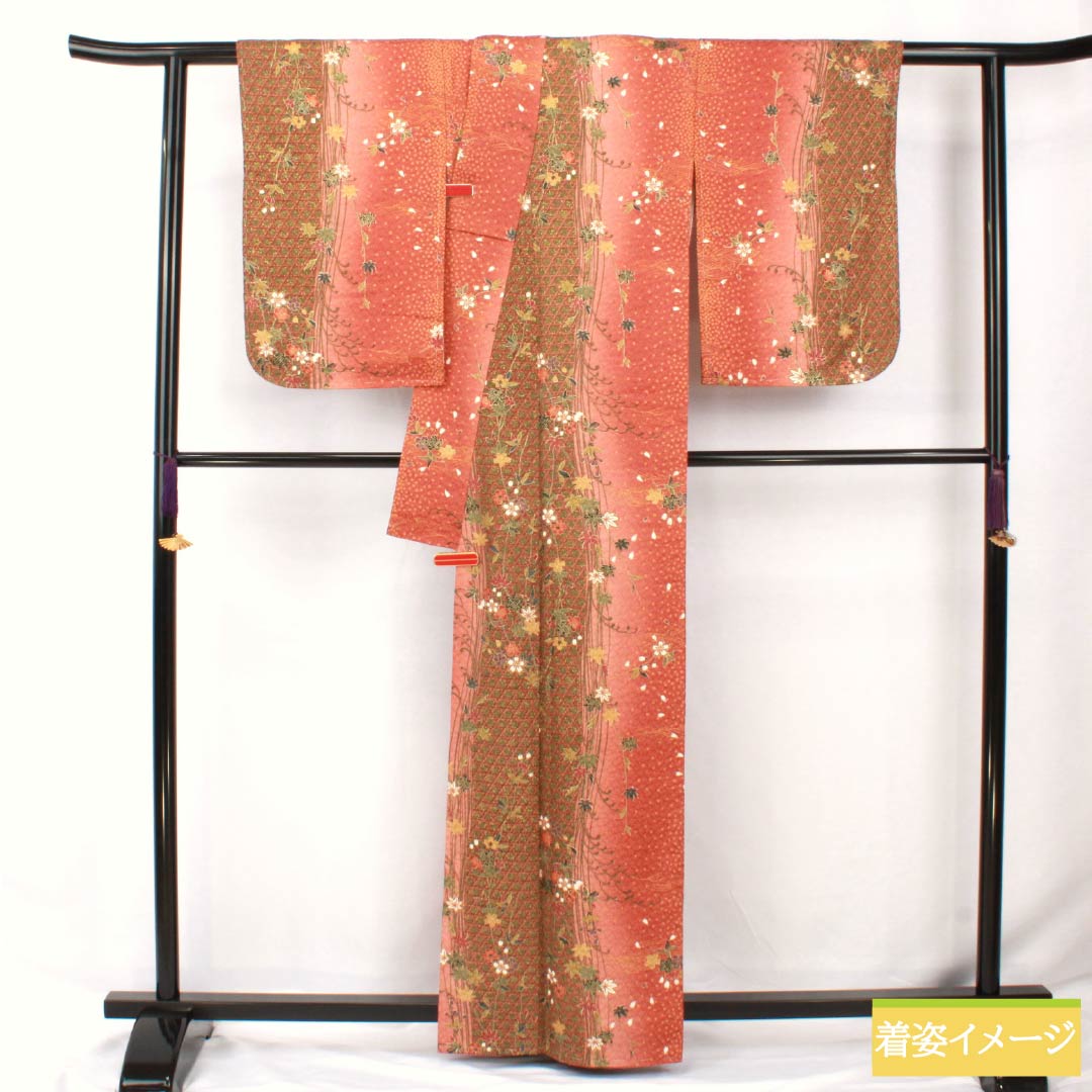 小紋 正絹 身丈163cm 裄丈64cm 袷 赤蘇芳色(あかすおういろ) 籠目 花 しつけ糸付き Sランク 朱系 1115005692416