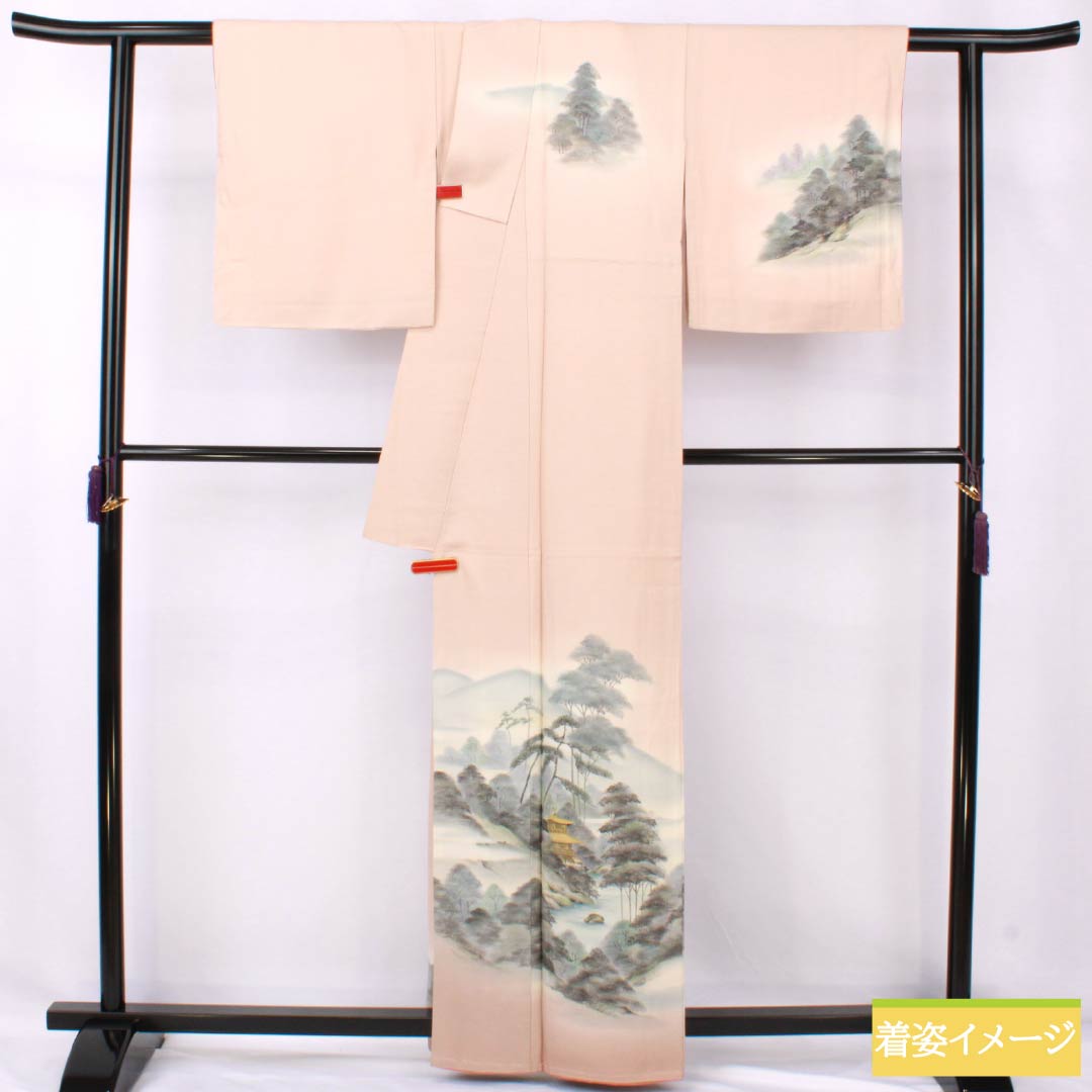 Visiting Kimono (Homongi) - Pure Silk, S-Rank, Lined, Length 161cm, Sleeve Length 65.5cm, Otomeiro (Girl's Color), Kyoto Yuzen, Artist's Work, Kinkakuji Landscape Painting, Pink, Basting Thread Included, Product Number: 1112007172413