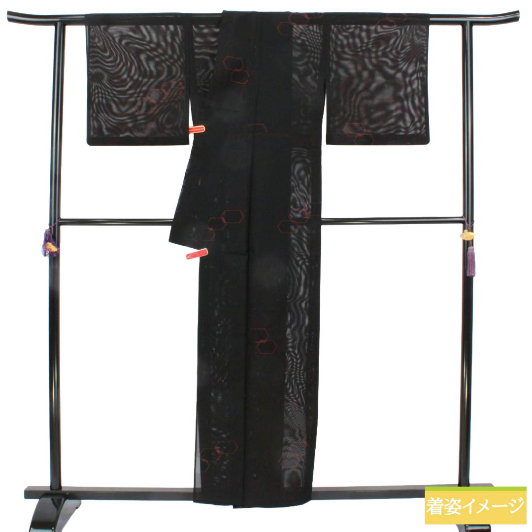夏物 正絹 お召 Bランク 身丈157cm 裄丈65.5cm 幾何学模様 紗 黒系 1132006444310