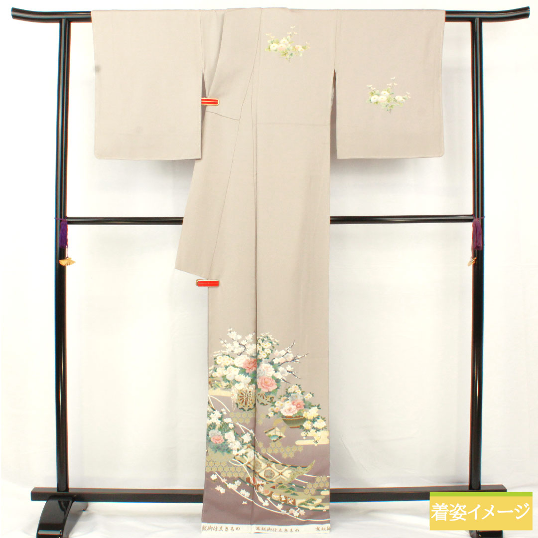 訪問着 正絹 袷 身丈165cm 裄丈66.5cm 小町鼠色(こまちねずいろ) 京友禅 花車 古典柄 しつけ糸付き 未使用品 Sランク グレー系 1112005832522