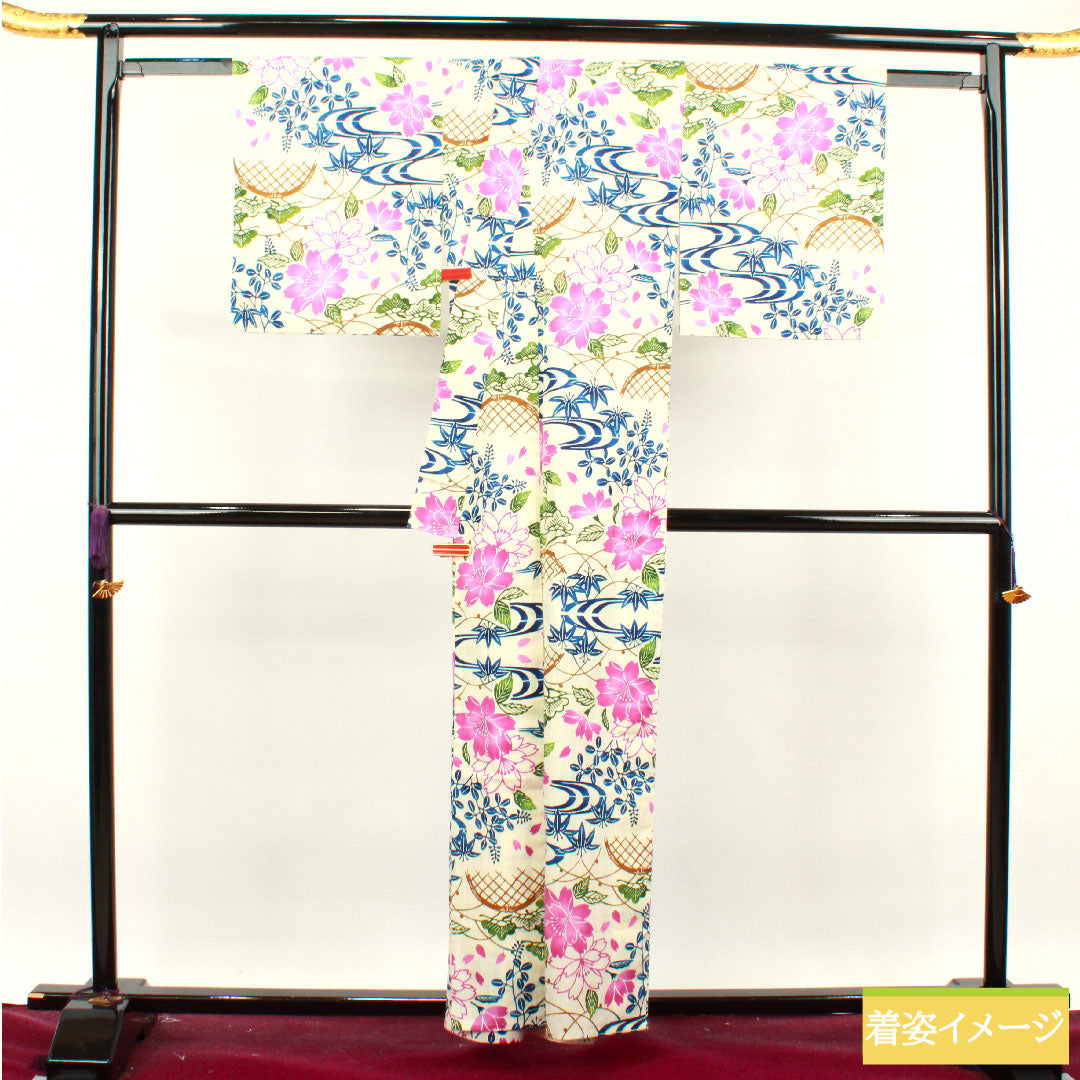 浴衣 綿麻 身丈159cm 裄丈66cm Sランク 単衣 白系 乳白色(にゅうはくしょく) 源氏物語 型染 桜 1118004782311
