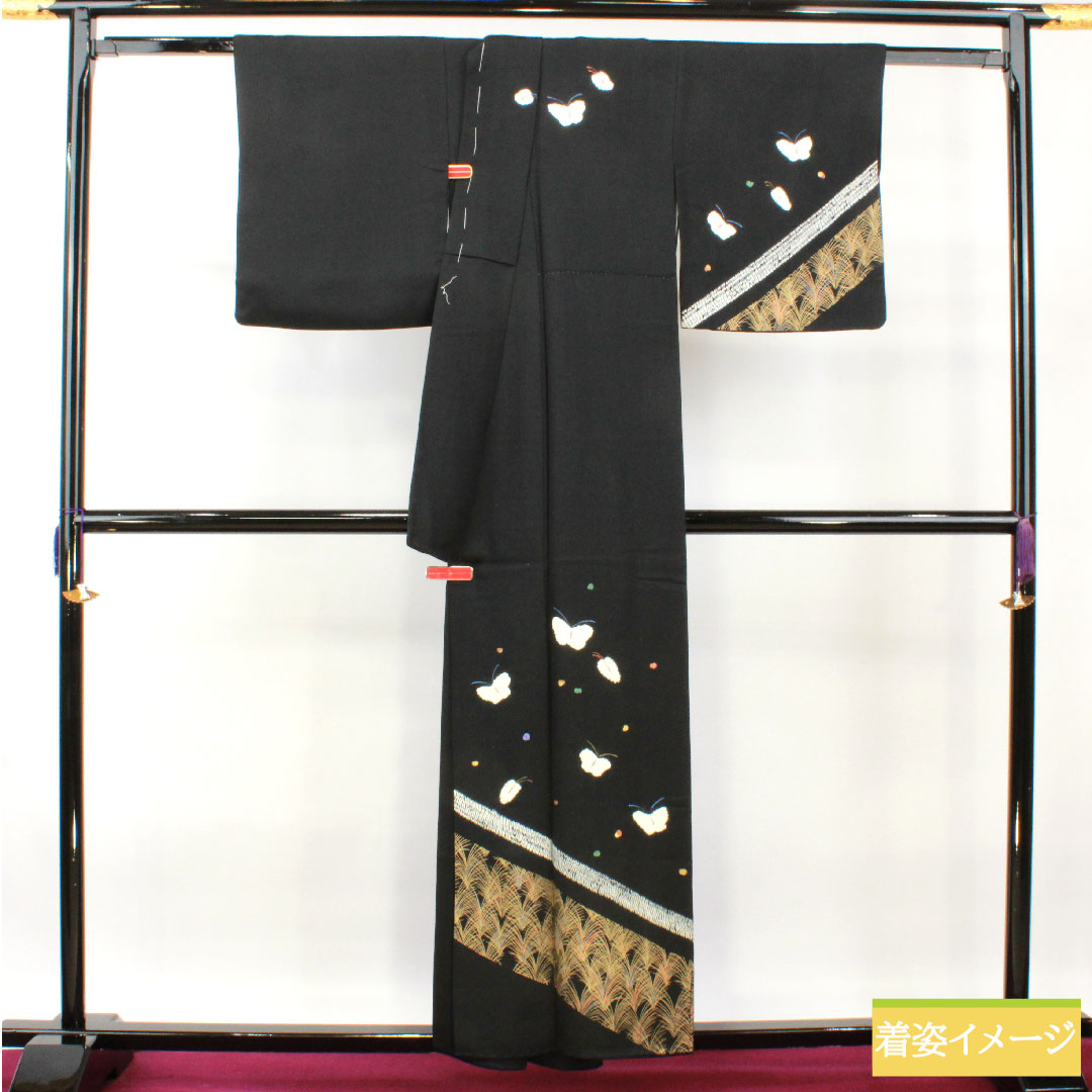 訪問着 正絹 袷 身丈157.5cm 裄丈63.5cm 絞り 蝶 Aランク 黒系 1112004393310