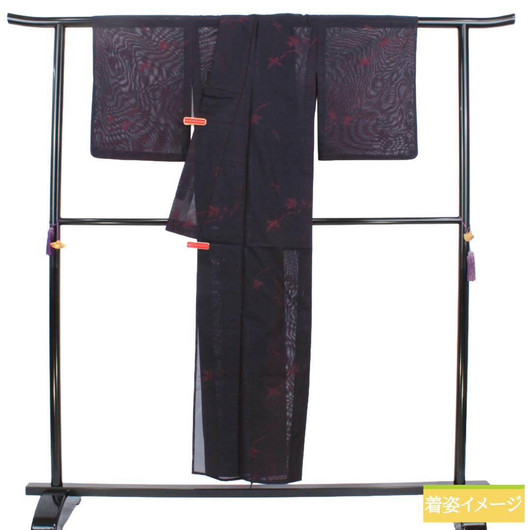 夏物 正絹 お召 Aランク 身丈151cm 裄丈64cm 紫黒色(しこくしょく) 草花模様 紗 紫系 1132004663220