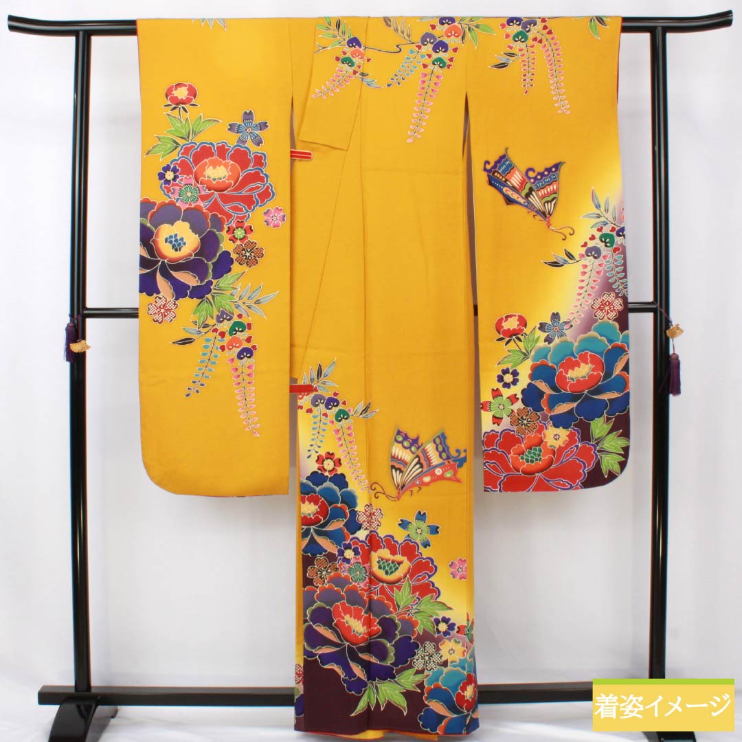 振袖 正絹 Aランク 身丈161.5cm 裄丈66cm 袷 山吹色(やまぶきいろ) 京紅型 宮崎染工 作家物 吉祥文様 牡丹 黄系 1113002513423