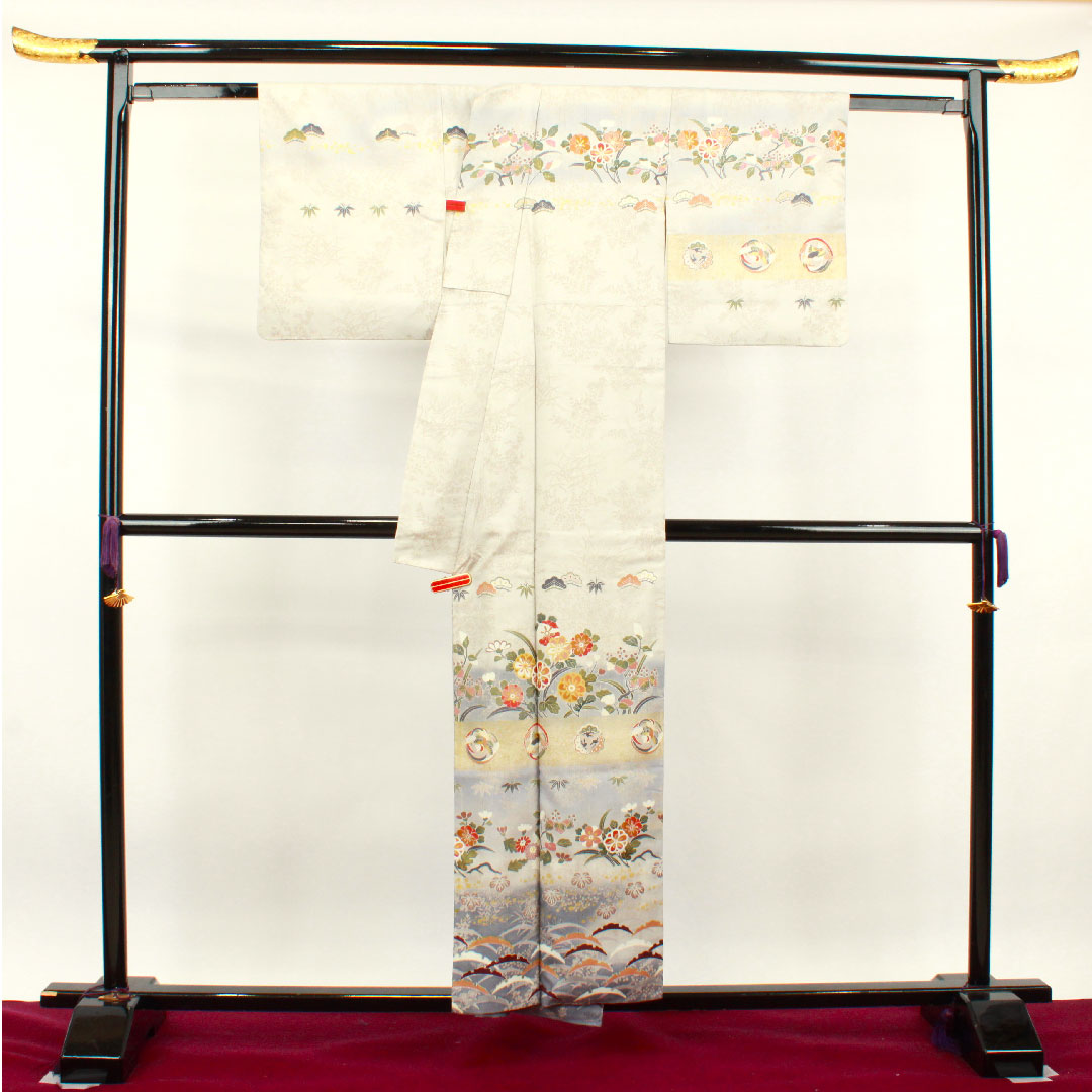 Homongi, pure silk, lined, length 155cm, sleeve length 61cm, cloud gray, Kyoto yuzen, bamboo, pine, crane, A rank, gray, 1112002923322