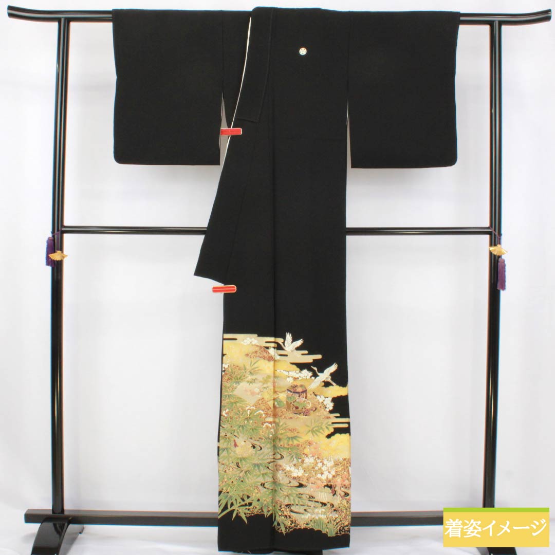 Black Tomesode (Japanese Kimono) - Pure Silk, Grade A, Length 160.5cm, Sleeve Length 65cm, Lined, Kyoto Yuzen, Five Crests, Plum Blossom, Story Design, Crane, Shell Bucket, Pine Tree, Black, Item Number: 1111002083410