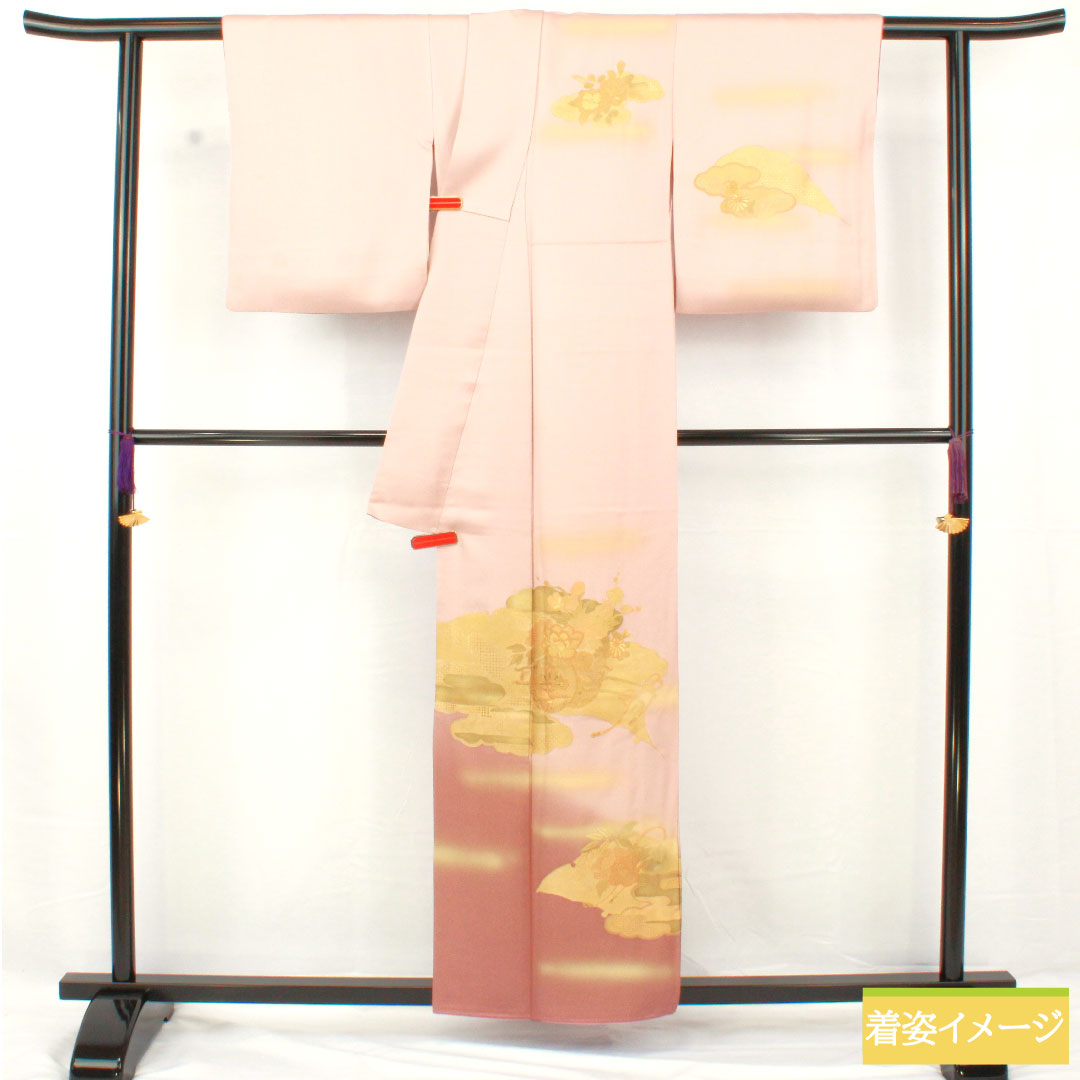 訪問着 正絹 袷 身丈156.5cm 裄丈62.5cm 今様色(いまよういろ) 京友禅 汕頭刺繡 花車 Sランク ピンク系 1112004942313