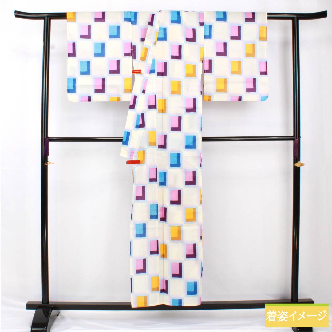 浴衣 木綿 身丈154cm 裄丈64cm Aランク 単衣 白系 ブロック柄 1118005383211