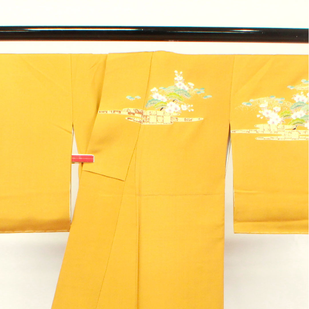訪問着 袷 身丈158.5cm 裄丈61.5cm 小麦色 京友禅 桜 正絹 Sランク 黄系 1112002212323