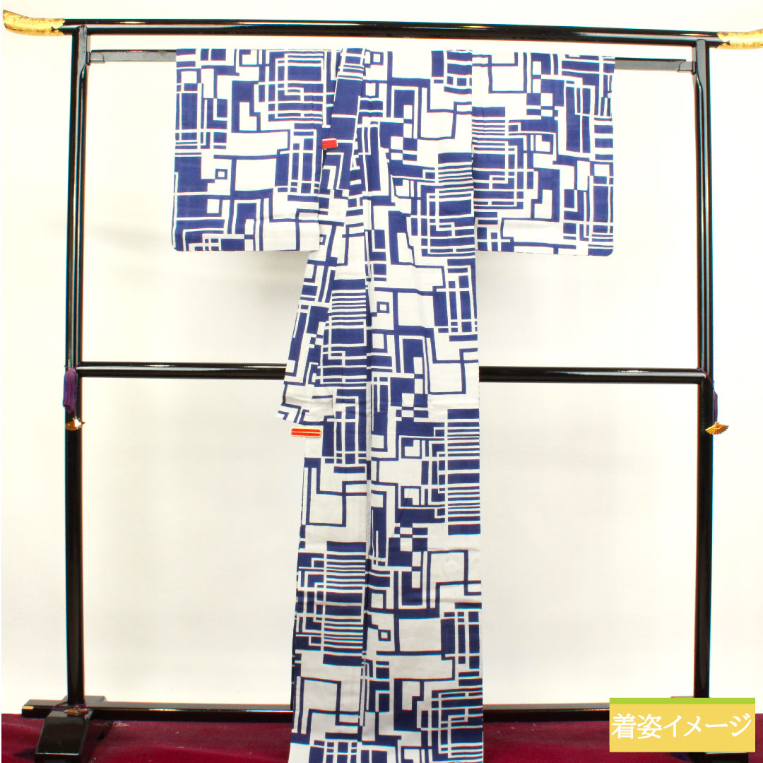 浴衣 木綿 身丈169.5cm 裄丈67cm Sランク 単衣 グレー系 鉛白色(えんぱくいろ) 幾何学模様 1118004602522