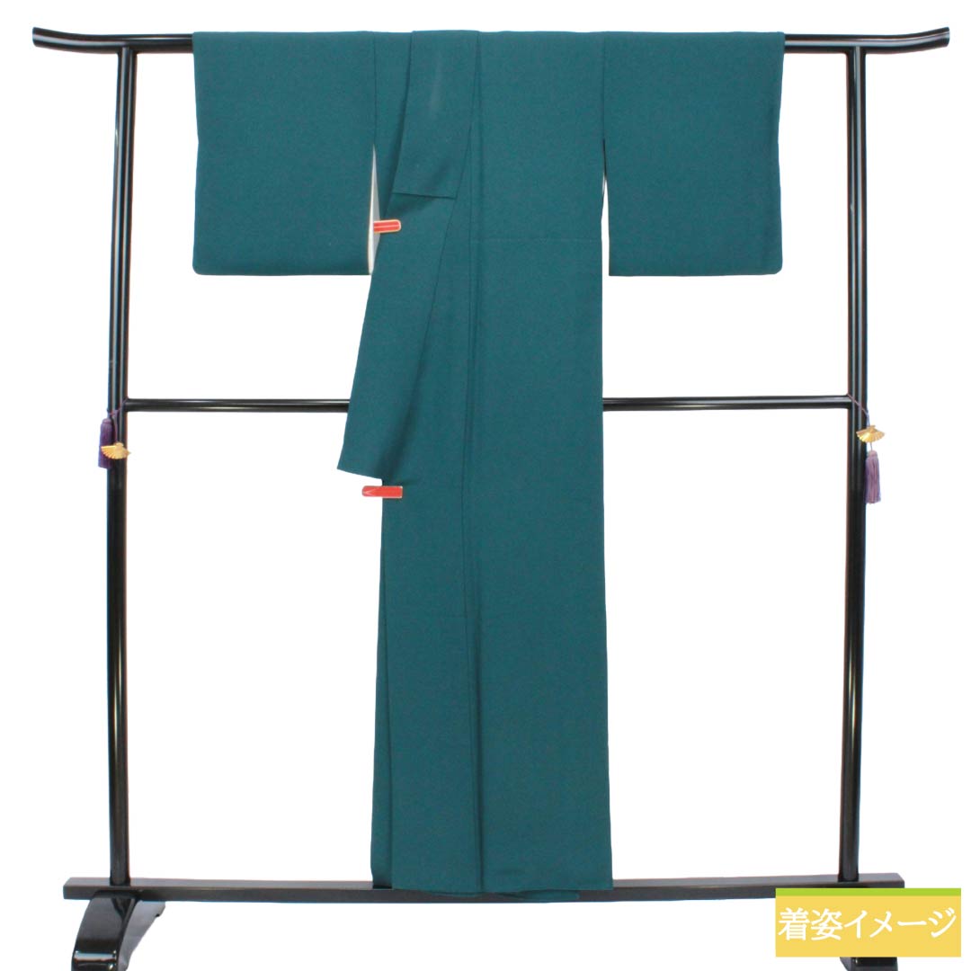 色無地 正絹 Aランク 身丈152cm 裄丈64.5cm 高麗納戸色(こうらいなんどいろ) ちりめん地 素無地 噓つき襦袢付き 袷 緑系 1114003053219