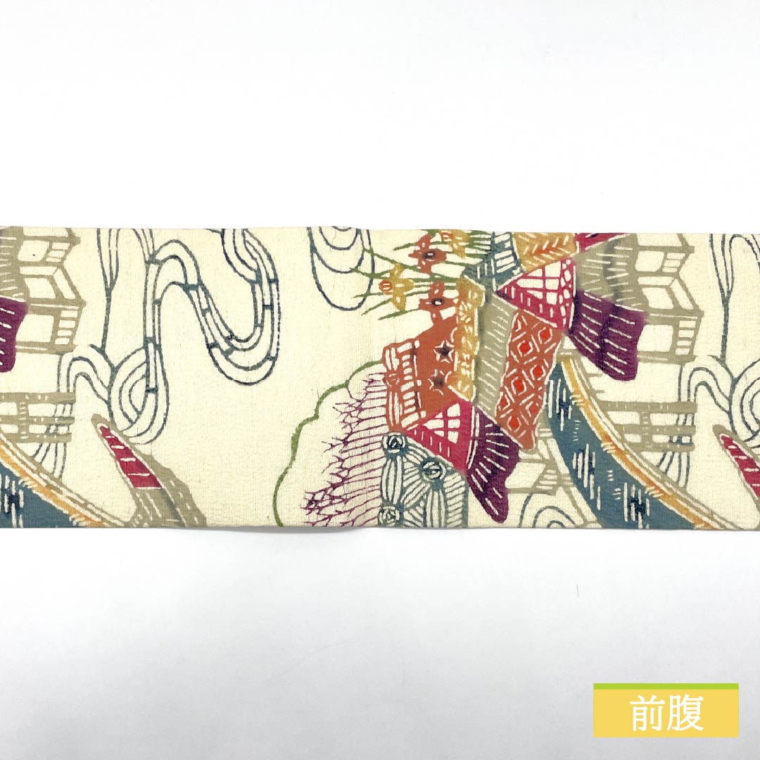 名古屋帯 生成り色(きなりいろ) 型染 紬地 風景模様 帯丈363cm 正絹 Sランク 全通 カジュアル クリーム系 1124007892315 名古屋仕立て