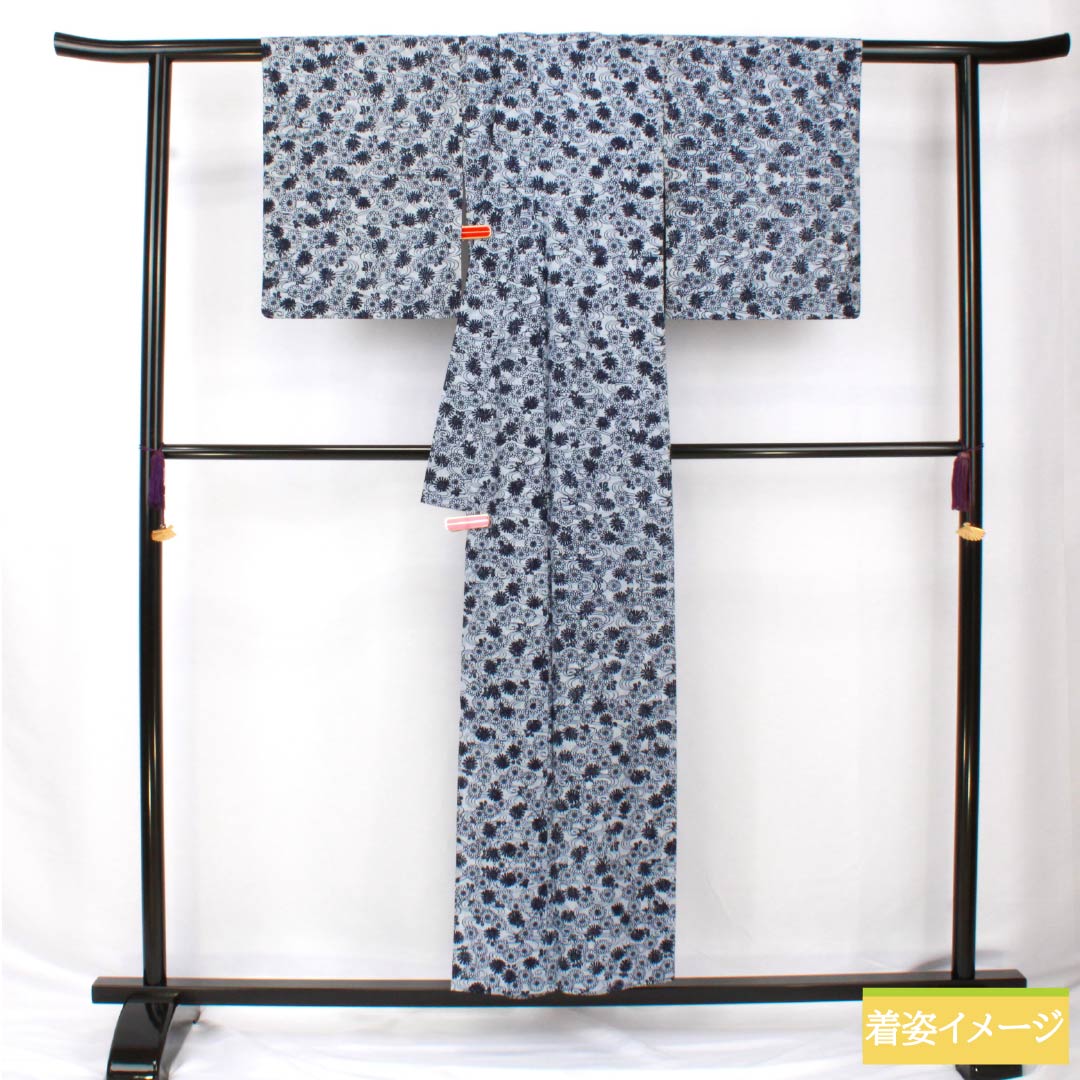 浴衣 木綿 身丈154cm 裄丈62cm Bランク 単衣 グレー系 水銀色(すいぎんいろ) 菊 流水 1118005914222