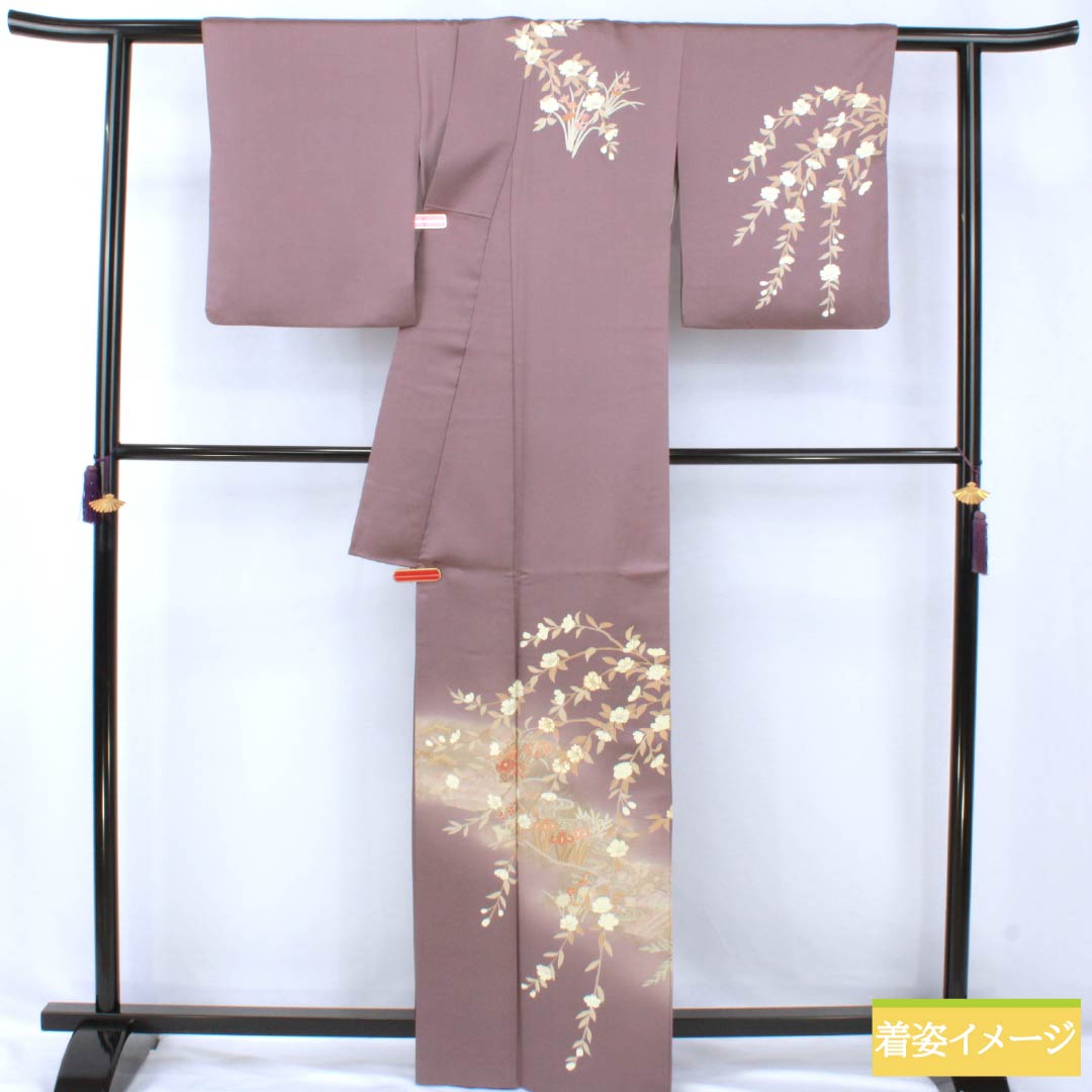 訪問着 正絹 Bランク 袷 身丈164cm 裄丈64.5cm 紅掛鼠色(べにかけねずいろ) 京友禅 一つ紋 草木 紫系 1112007044420