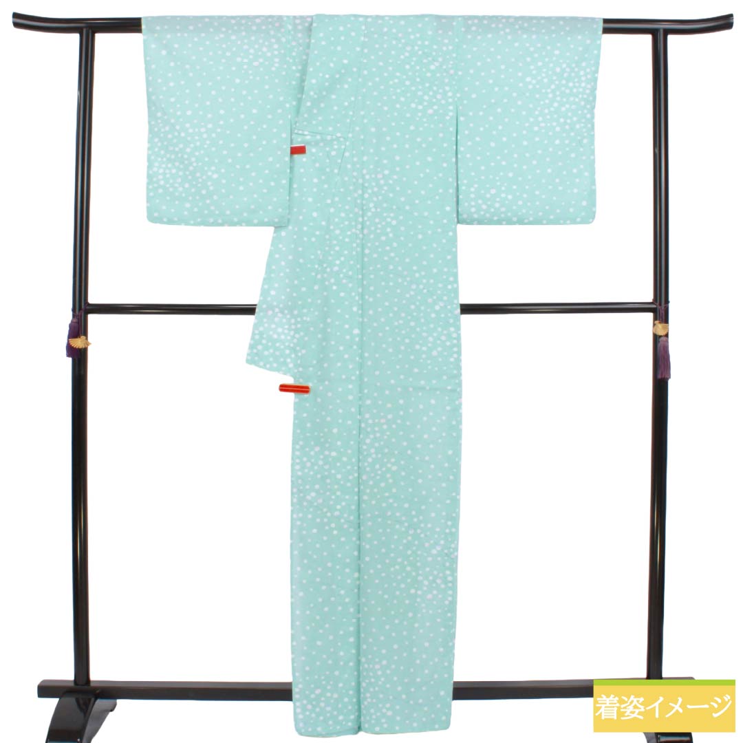 夏物 ポリエステル 小紋 Aランク 身丈162.5cm 裄丈64.5cm 瓶覗色(かめのぞきいろ) 水玉 洗える着物 絽 水色系 1132005163424