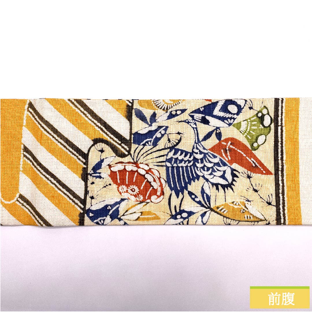 名古屋帯 忘れ草色 型染 鶴 紬地 帯丈362cm 正絹 Sランク ポイント柄 カジュアル 橙系 1124005482326 名古屋仕立て