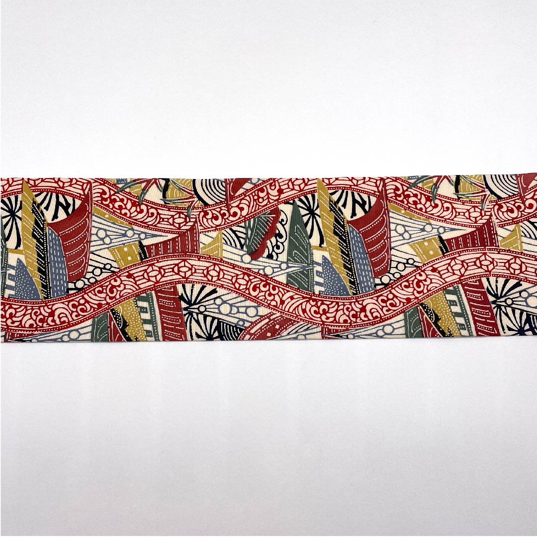 名古屋帯 茜色 型染 京紅型 抽象模様 帯丈350cm 正絹 Sランク 全通 カジュアル 赤系 1124003552312 名古屋仕立て