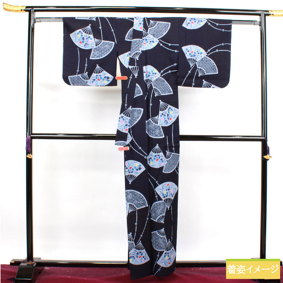 浴衣 木綿 身丈160cm 裄丈65.5cm Sランク 単衣 紺系 濃紺色(のうこんいろ) 扇子 草花模様 1118004522418