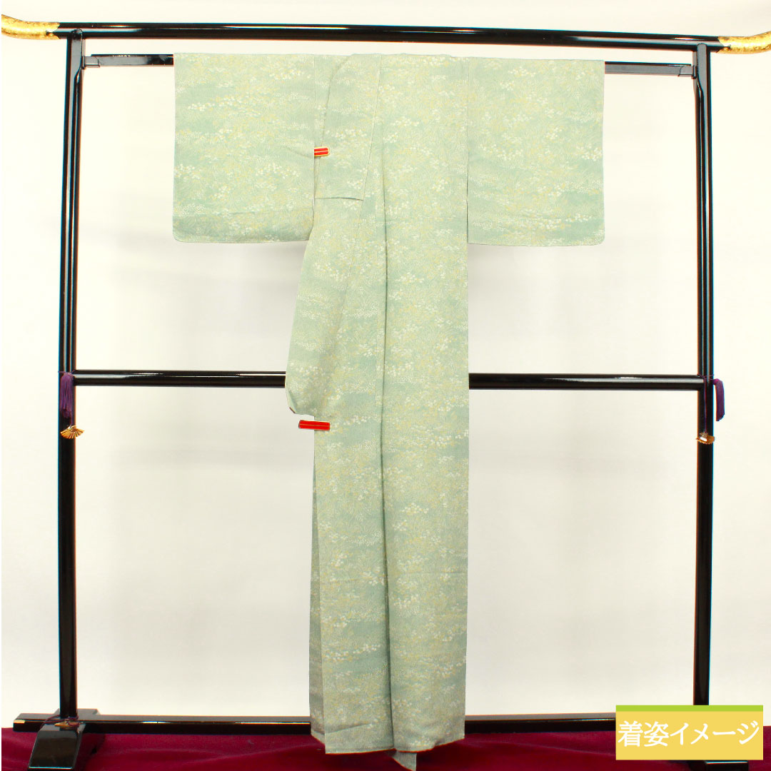 小紋 正絹 身丈158cm 裄丈61.5cm 袷 裏葉色 草花模様 しつけ糸付き 未使用品 Sランク 緑系 1115003612319