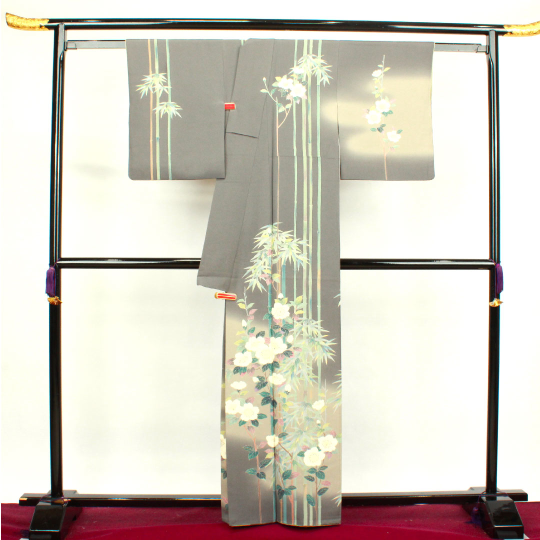 訪問着 袷 身丈160cm 裄丈63cm 素鼠色 作家物 加賀草木染 竹 梅 正絹 Aランク グレー系 1112002673422