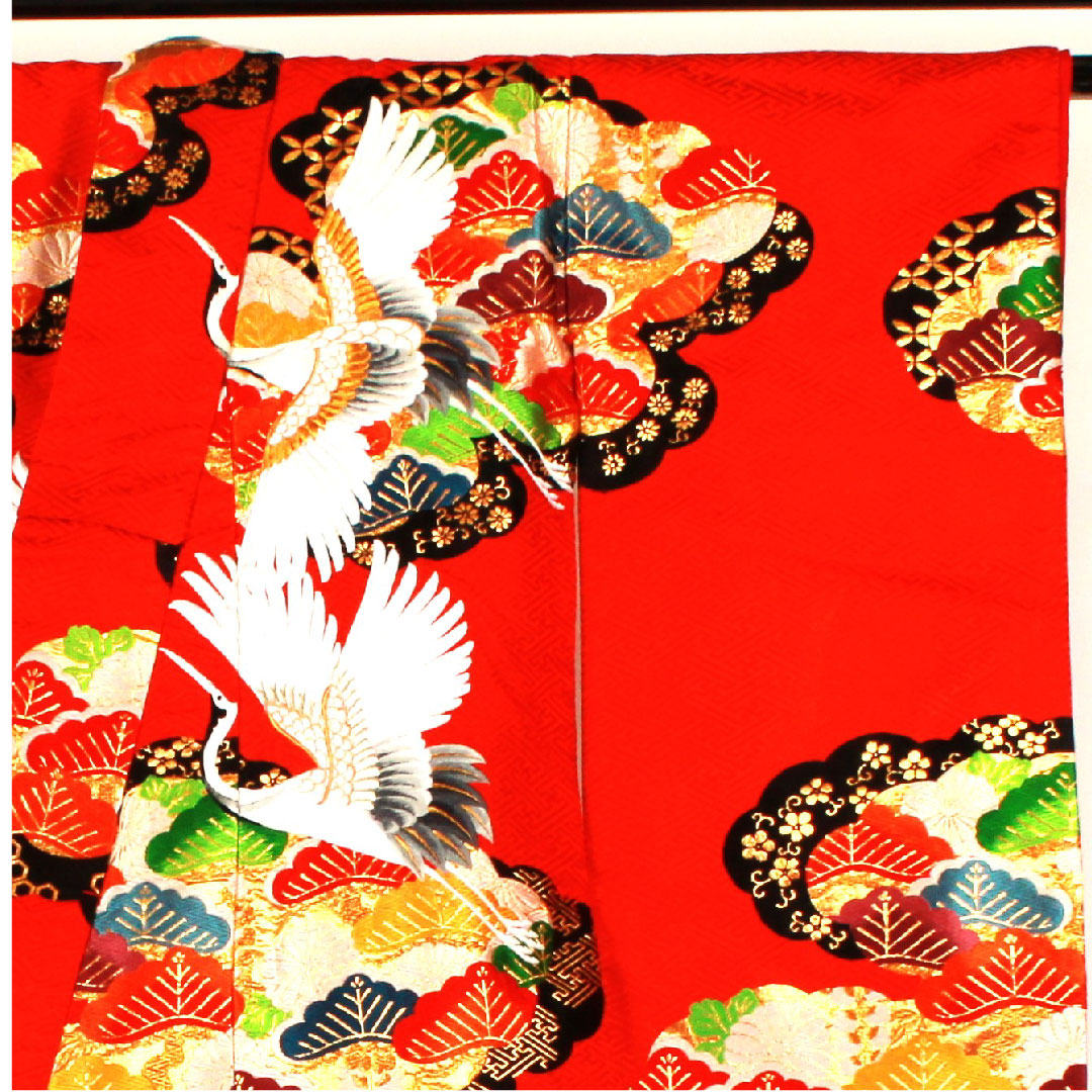 色打掛 身丈186cm 紗綾形 鶴 松 正絹 Sランク 袷 赤系 1110000112812
