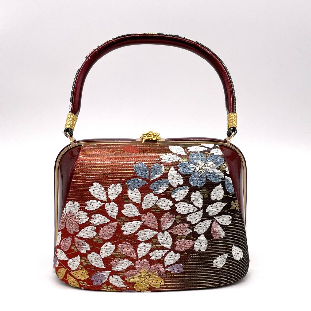 Formal Japanese style bag, deep red, for long-sleeved kimono, cherry blossom, classic pattern, red, A rank, 113900049312