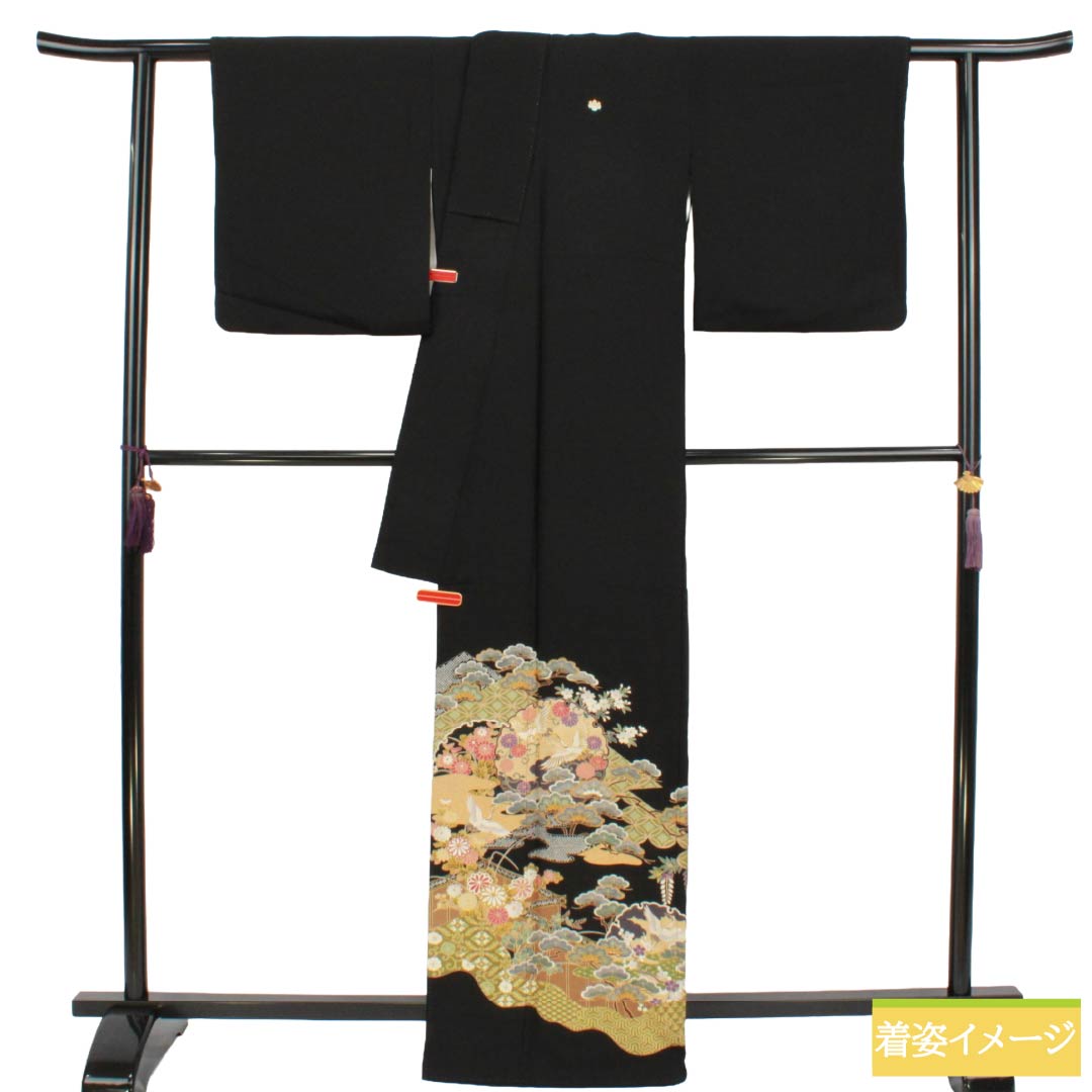黒留袖 正絹 Aランク 身丈166.5cm 裄丈68cm 袷 京友禅 松 鶴 吉祥文様 五つ紋 五三桐 比翼付き 五つ紋 黒系 1111002363510