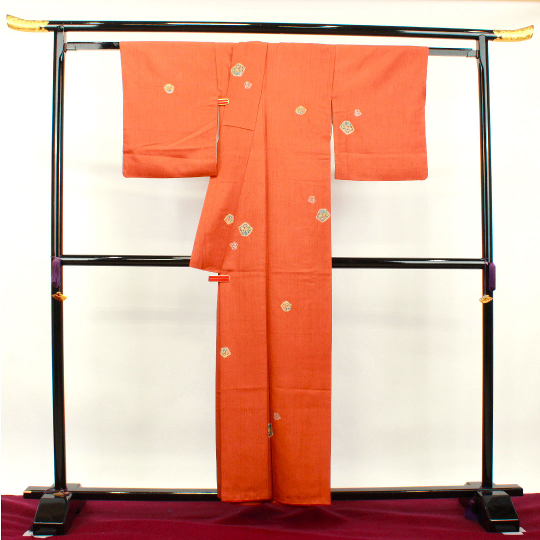 Tsumugi, Length 157cm, Sleeve length 65cm, Orange, Abstract pattern, Pure silk, S rank, Lined, Brown, 1116002802314