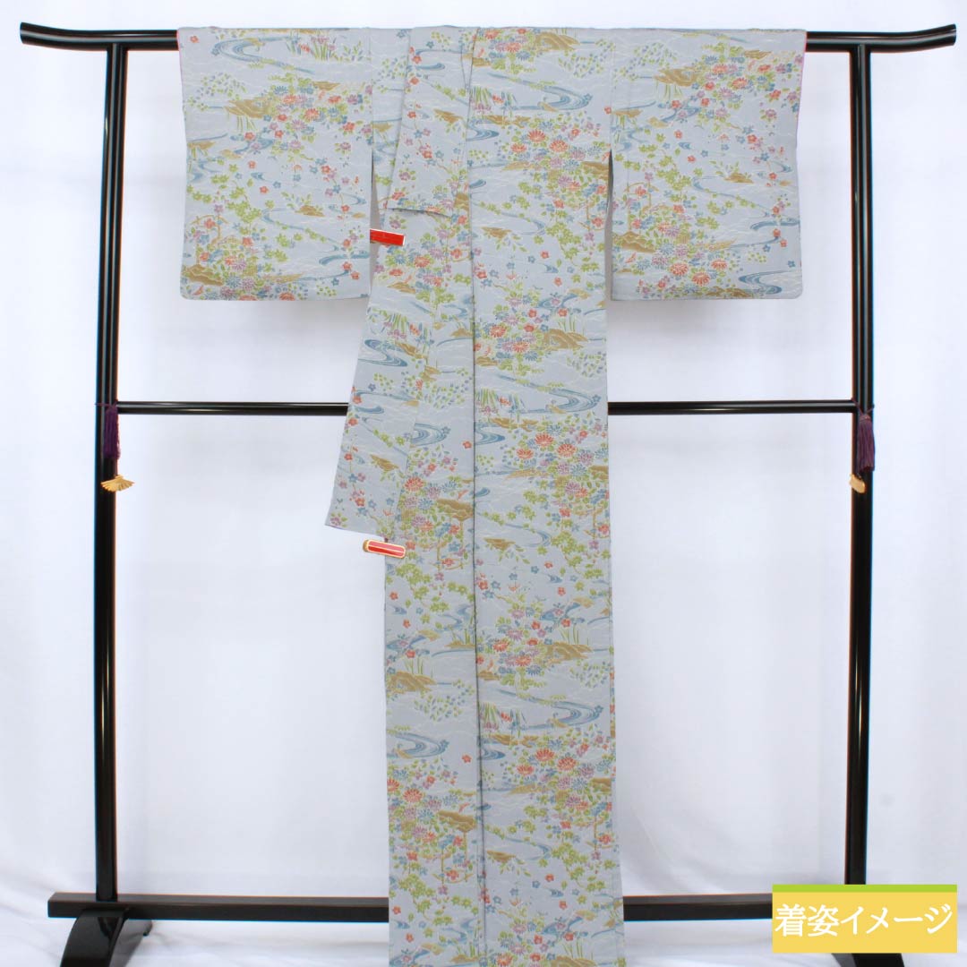 Small-patterned polyester kimono, S rank, length 166cm, sleeve length 66cm, lined, blue-gray (seitai-nezuiro) with flowing water and floral motifs, washable, light blue, 1115007392524