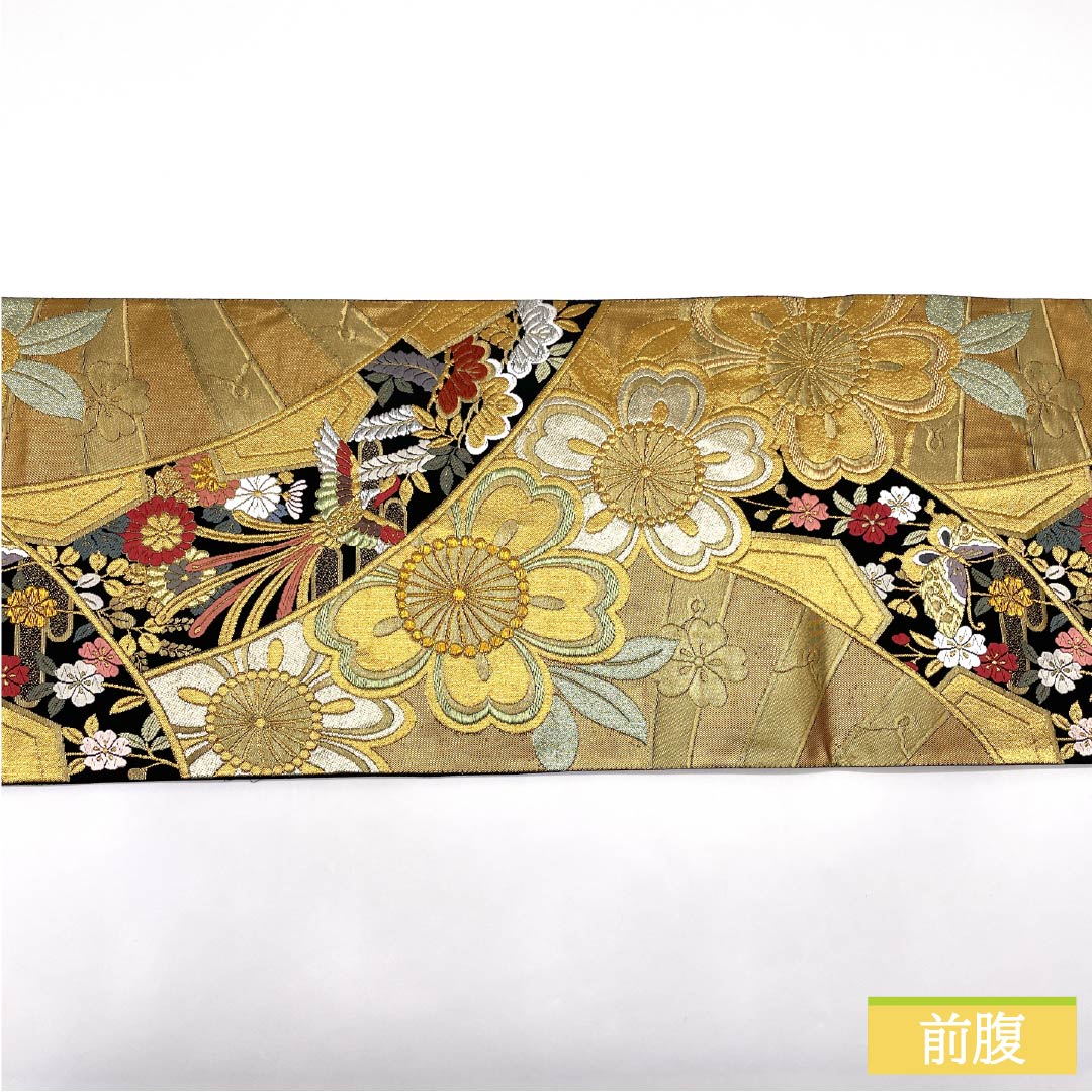 袋帯 正絹 Sランク 古典柄 振袖用 源氏車 鳳凰 桜 帯丈438cm 全通 フォーマル 金系 1123015812321