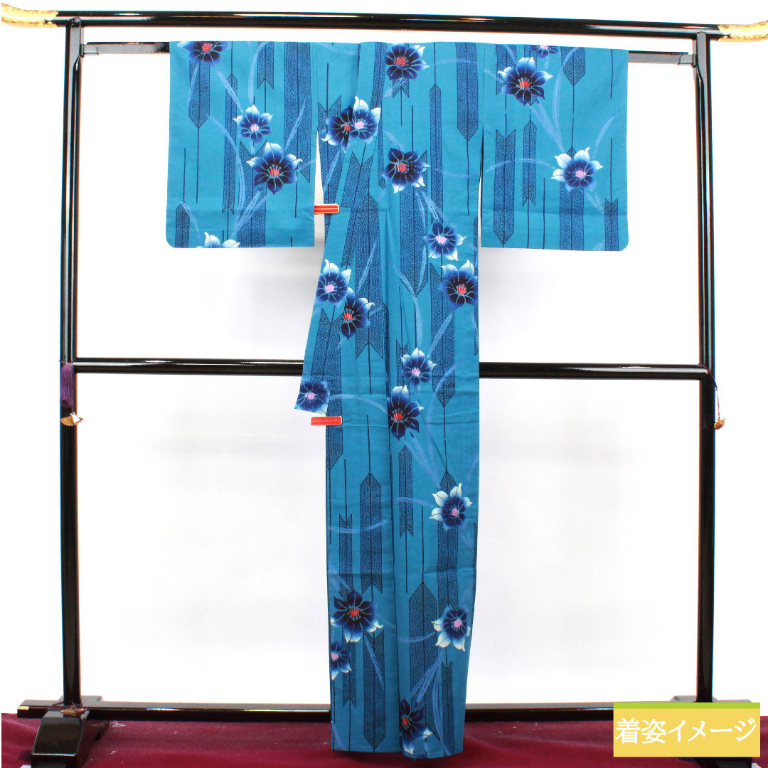 Yukata Cotton Length 162.5cm Sleeve length 65.5cm S rank Single layer Blue Mashana color Arrow feather Abstract flower 1118004822417