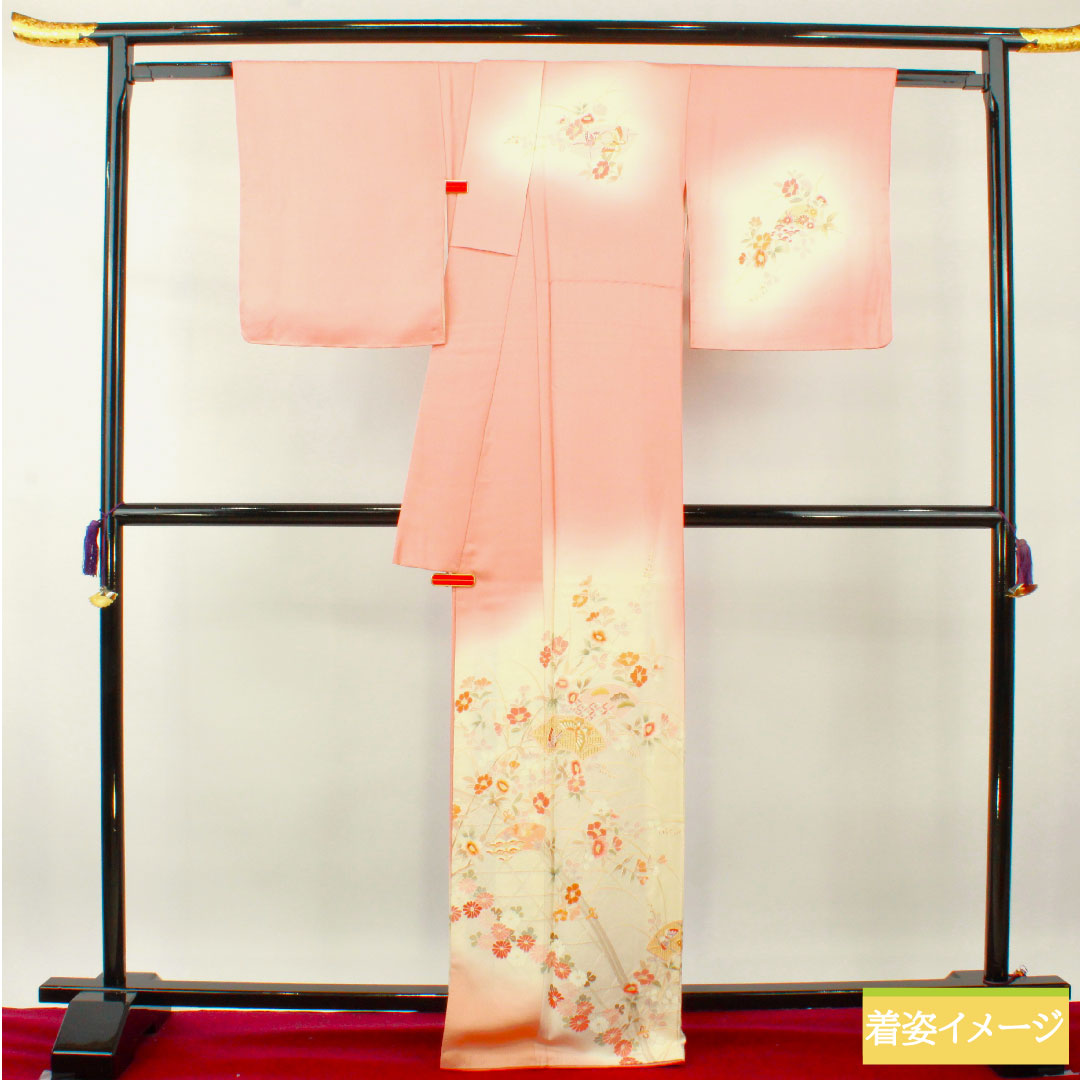 訪問着 正絹 袷 身丈167.5cm 裄丈66.5cm 一重梅色 蘇州刺繡 汕頭刺繡 吉祥文様 Sランク ピンク系 1112004062513