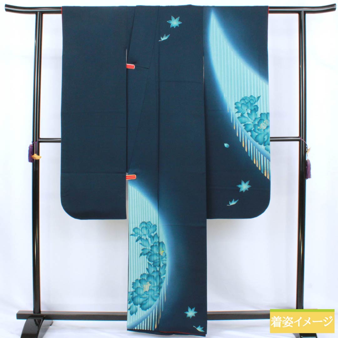 振袖 正絹 Aランク 身丈161cm 裄丈62.5cm 袷 印度藍色(いんどあいいろ) 京友禅 牡丹 紅葉 紺系 1113002833418