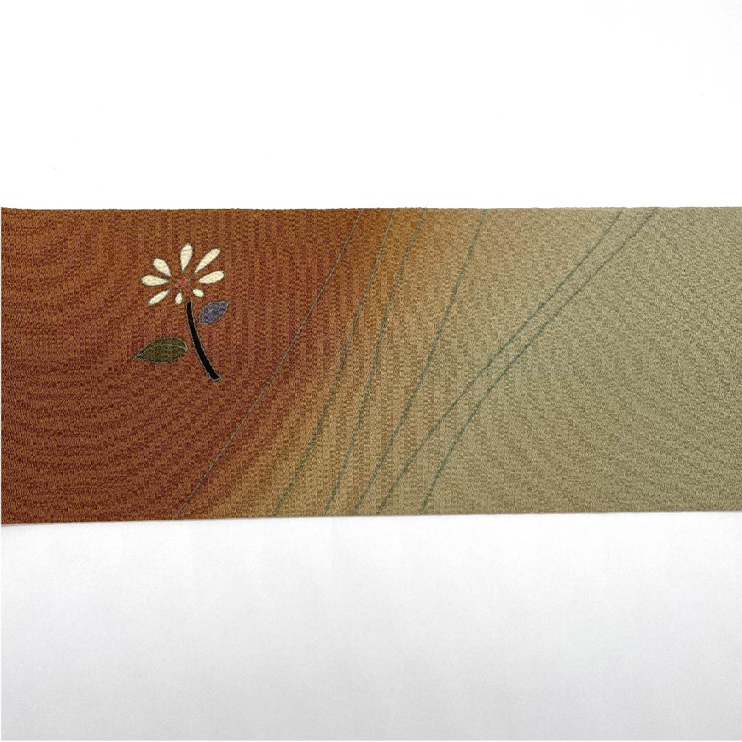 名古屋帯 赤白橡色 亜麻色 花模様 壁糸 帯丈368cm 正絹 Aランク ポイント柄 カジュアル 茶系 1124003723314 名古屋仕立て