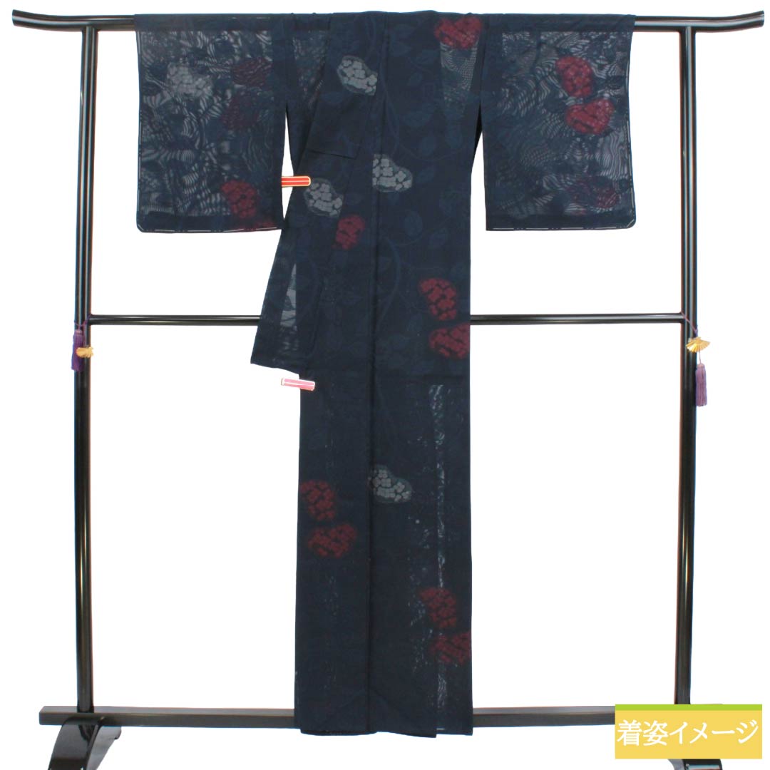 夏物 正絹 お召 Sランク 身丈157cm 裄丈64cm 濃紺色(のうこんいろ) 紫陽花 紗 紺系 1132004352318