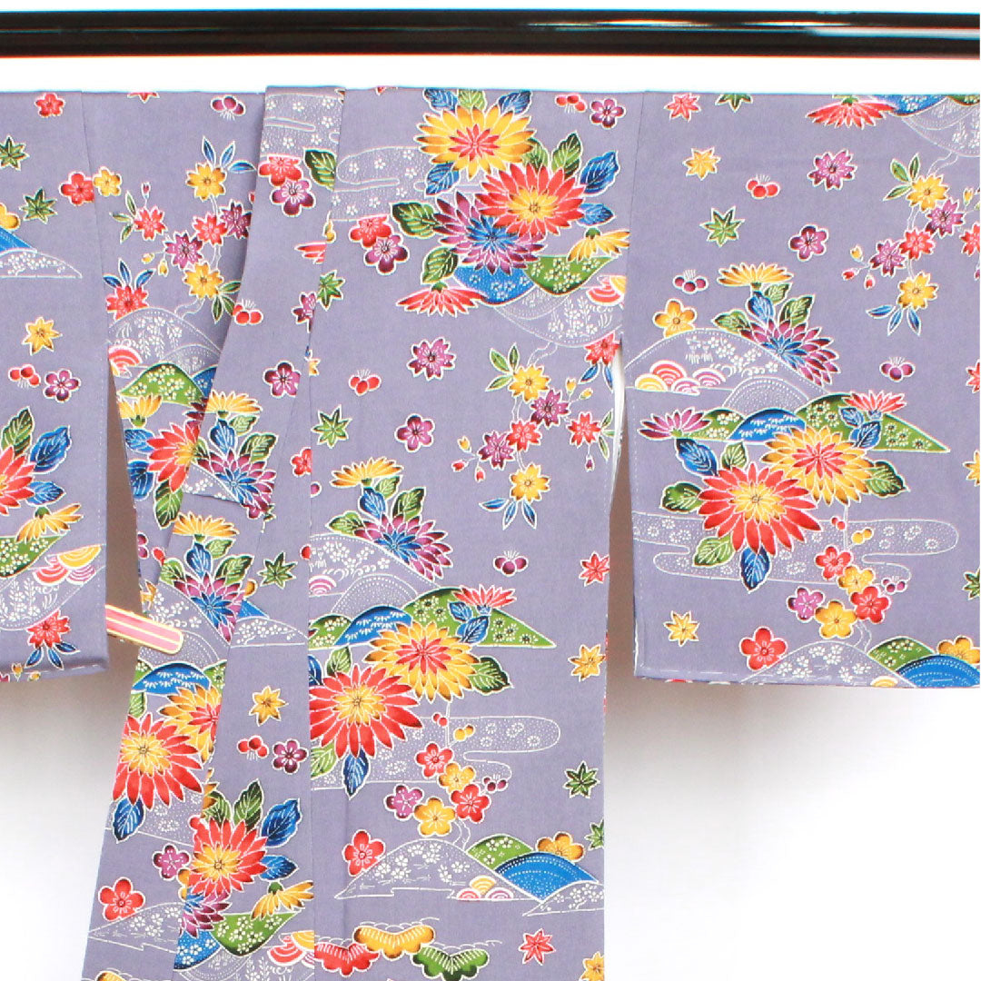 小紋 身丈158cm 裄丈66.5cm 袷 藤鳩羽色 型染 菊 正絹 Aランク 紫系 1115002413320