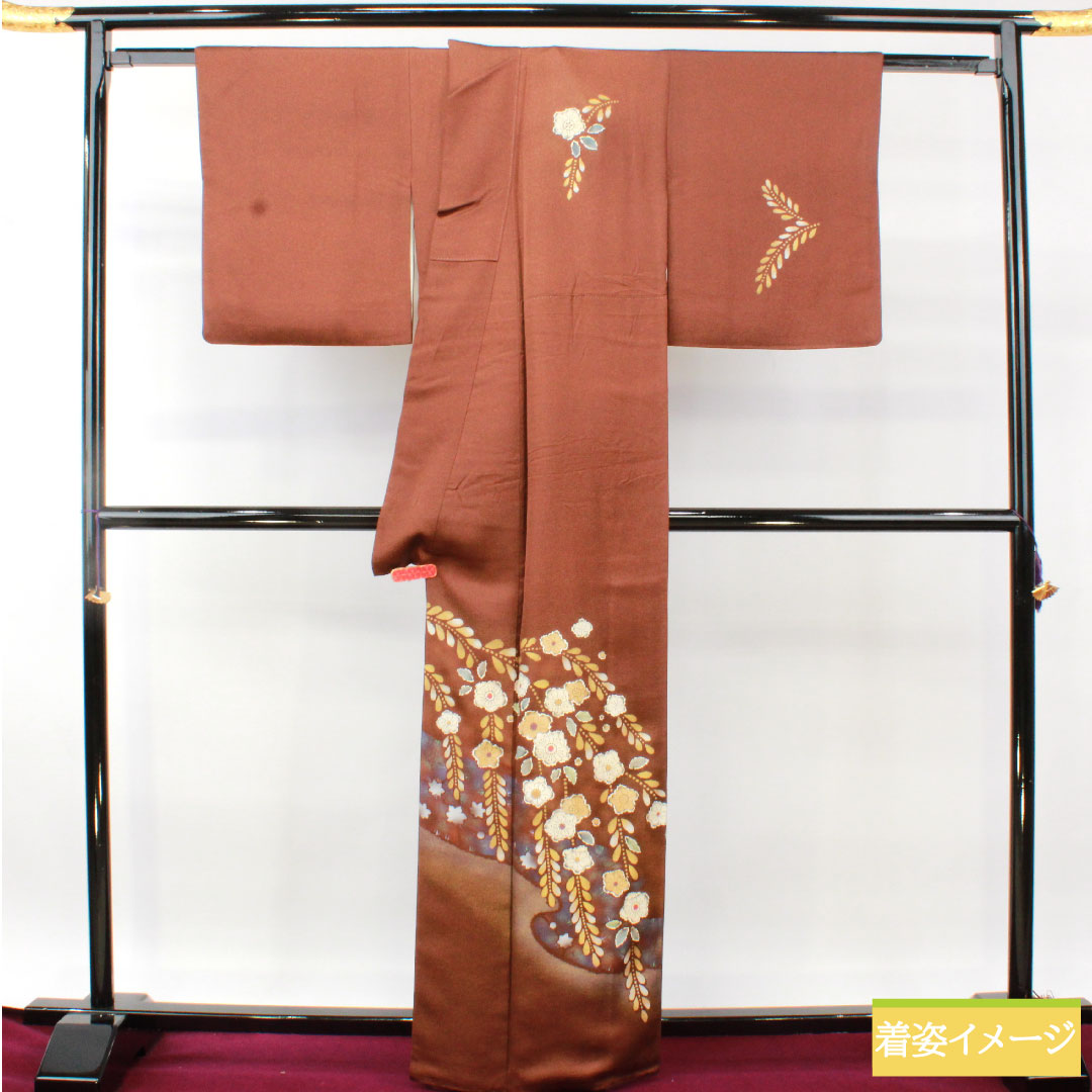 訪問着 正絹 袷 身丈163.5cm 裄丈68cm 栗色(くりいろ) 辻ヶ花 一つ紋 中陰剣片喰 Aランク 茶系 1112004913414