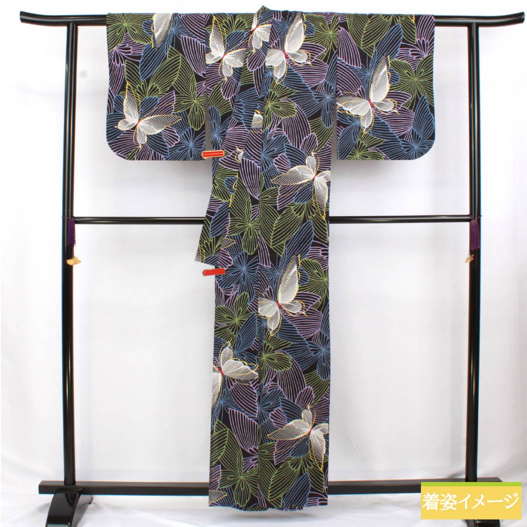 Cotton Yukata, Length 160.5cm, Sleeve Length 63.5cm, S Rank, Single Layer, Black, Butterfly Pattern, 1118006342410