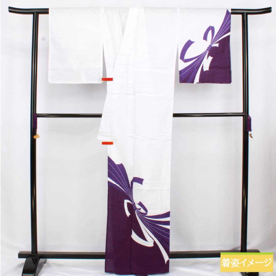 Cotton Yukata, Length 163.5cm, Sleeve Length 67cm, S Rank, Single Layer, White, with Bunsage Noshi (Noshi Wrapping), 1118006482411