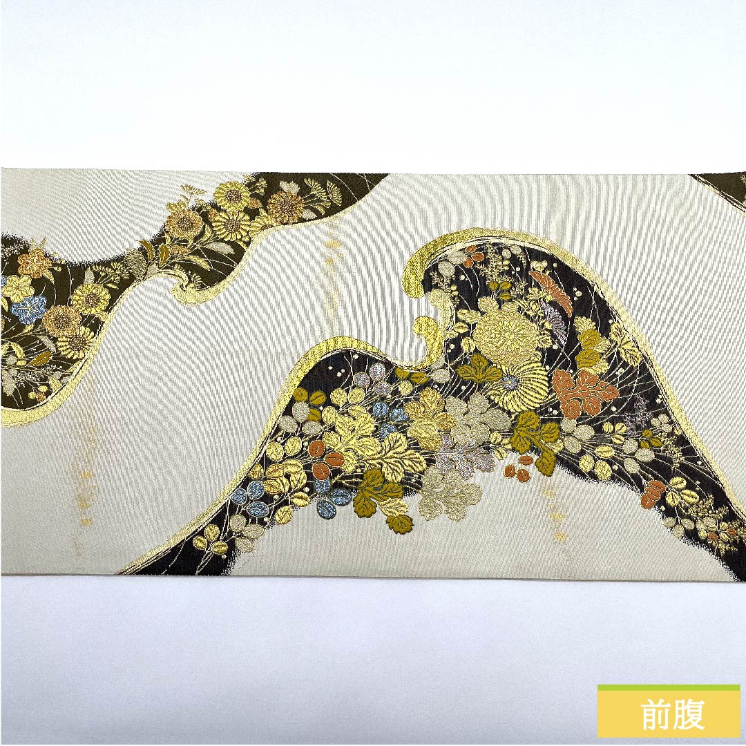 袋帯 素色(しろいろ) 波涛遺宝文吉祥文様 流水 帯丈448cm 正絹 Aランク 六通 フォーマル 白系 1123009843311