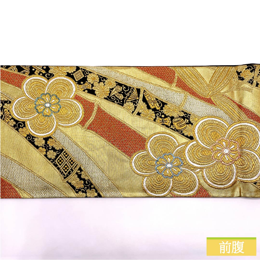 袋帯 正絹 振袖用 粋翔華匠錦 ねじり梅 宝尽くし 帯丈420cm Sランク 六通 フォーマル 金系 1123013792321