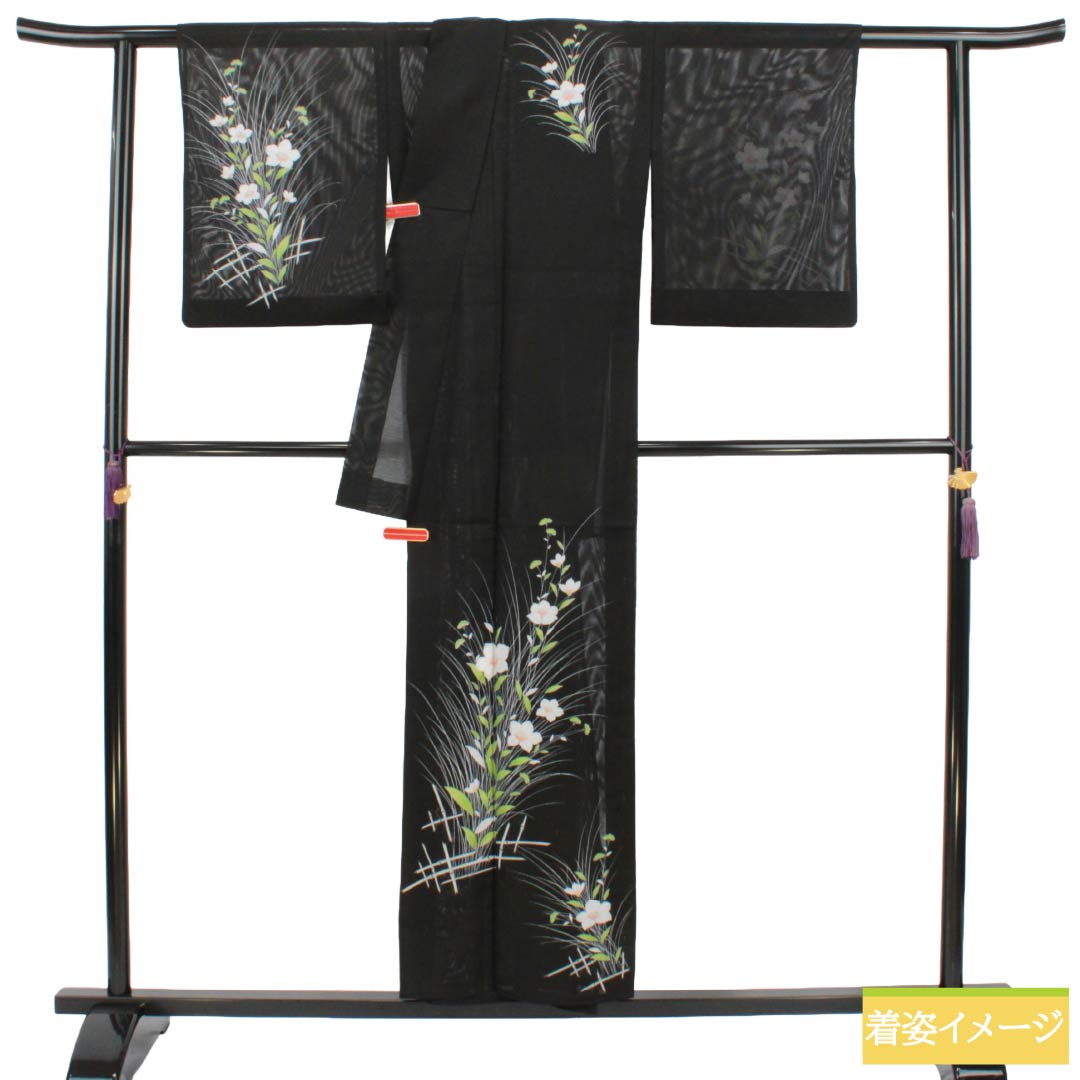 夏物 ポリエステル 付下げ Aランク 身丈153.5cm 裄丈64.5cm 草花模様 洗える着物 絽 黒系 1132005243210