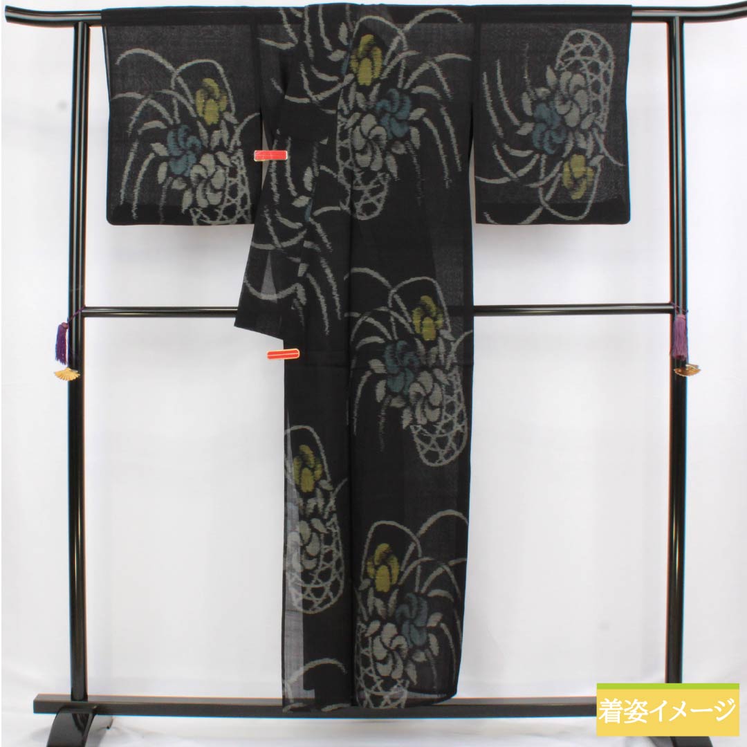 Summer Silk Tsumugi Kimono, Length 152cm, Sleeve Length 69.5cm, Flower Basket, Gauze, S Rank, Black, 1132002842210