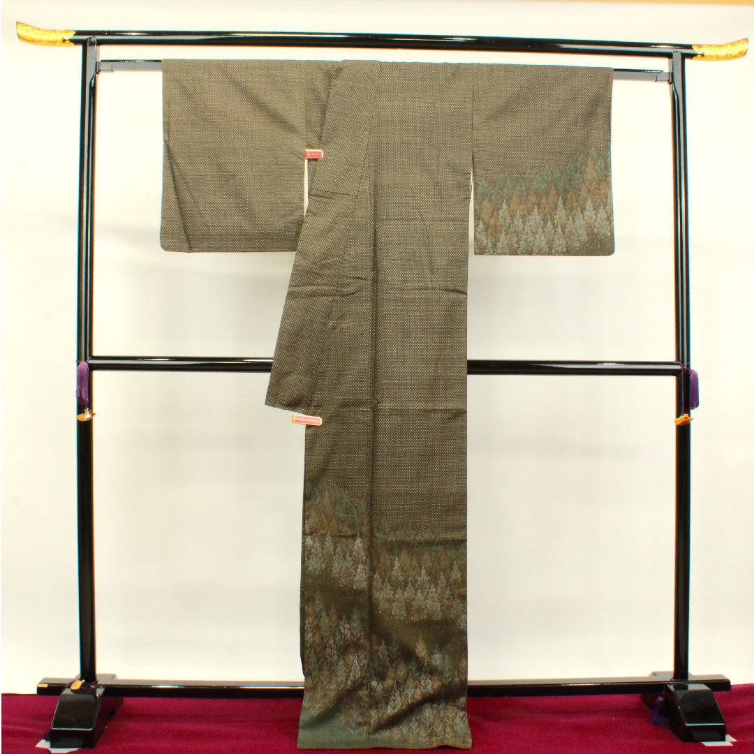 訪問着 正絹 袷 身丈171.5cm 裄丈67cm 墨色 赤城紬 抽象模様 Sランク 茶系 1112003232614
