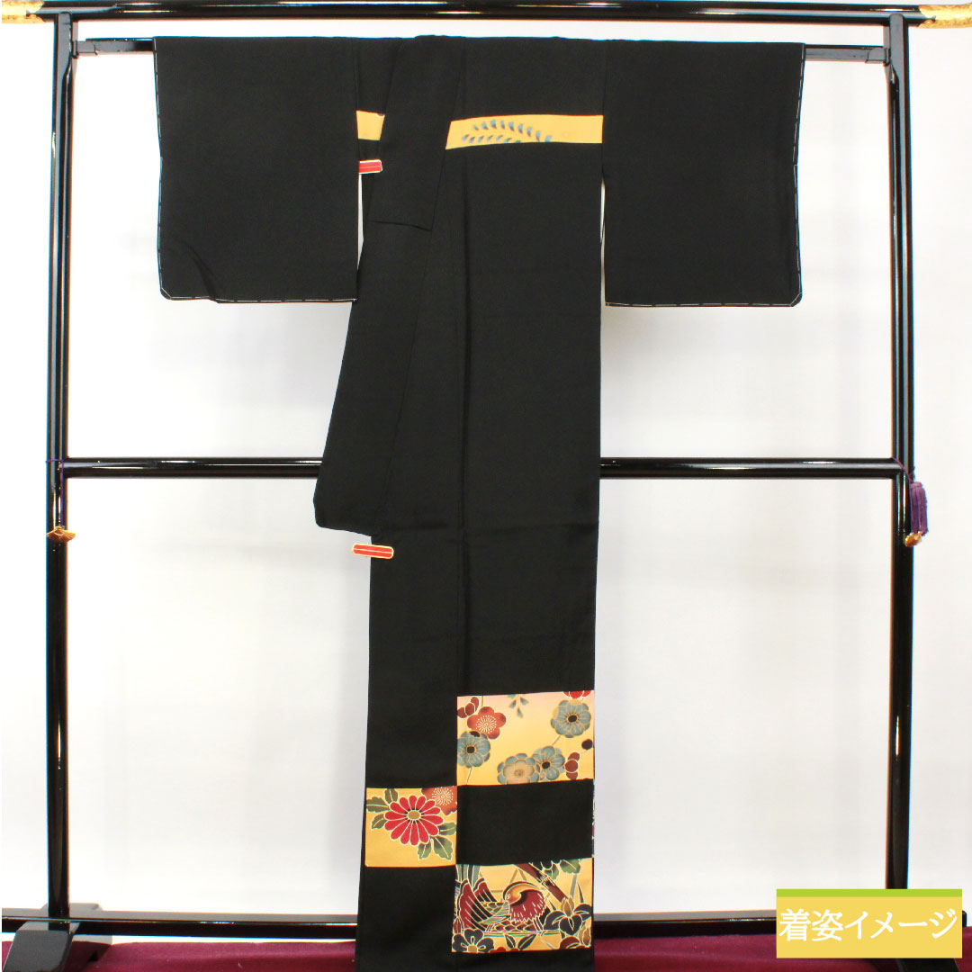 Homongi, pure silk, lined, length 169.5cm, sleeve length 69cm, inlay, Kyoto Bingata, one crest, S rank, black, 1112004192510