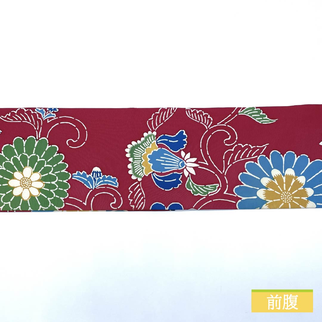 名古屋帯 胭脂紅色(えんじこういろ) 京紅型 花唐草 帯丈345cm 正絹 Bランク 全通 カジュアル 紫系 1124006644320 名古屋仕立て