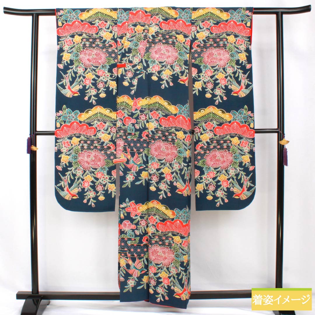 振袖 正絹 Aランク 身丈160cm 裄丈62.5cm 袷 印度藍色(いんどあいいろ) 京紅型 吉祥文様 松 牡丹 紺系 1113002453418