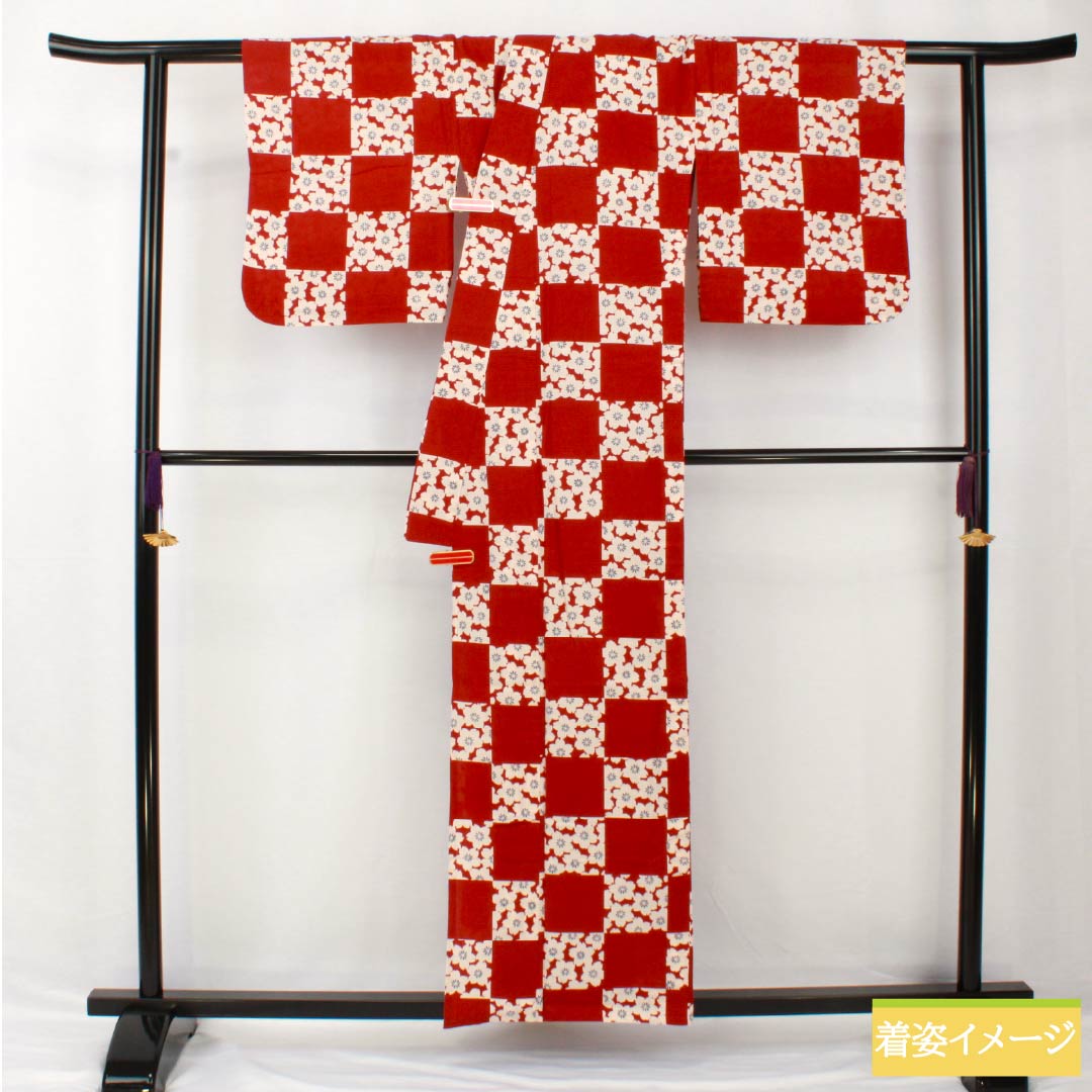 浴衣 木綿 身丈157cm 裄丈67cm Bランク 単衣 朱系 濃紅葉色(こいもみじいろ) 市松模様 桜 撫松庵 1118005524316